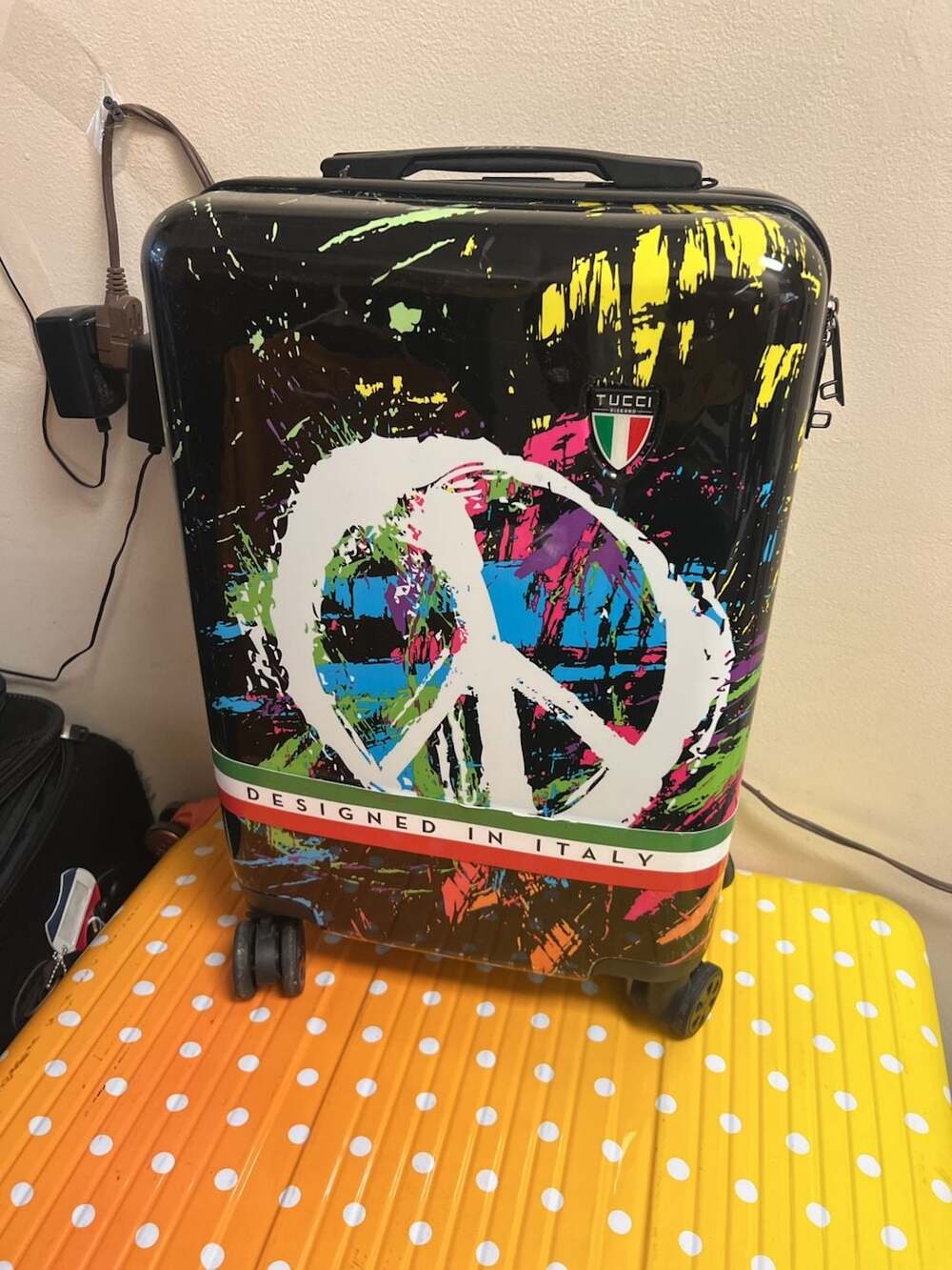 Tucci Disegno Peace Sign Graphic Hardshell Carry-On Spinner Suitcase